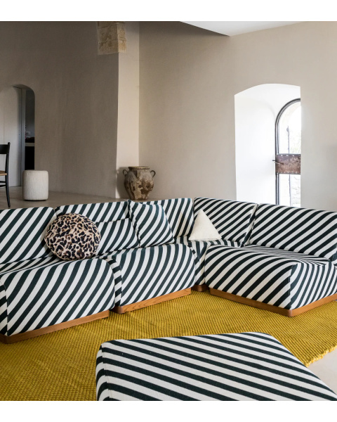 Module d'angle rayures vert foncé tissu jacquard socle bois Module d'angle rayures vert foncé tissu jacquard socle bois