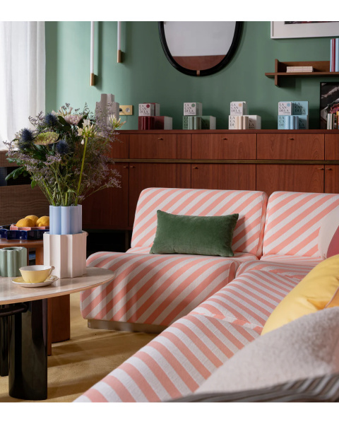 Module d'angle rayures rose tissu jacquard socle acier Module d'angle rayures rose tissu jacquard socle acier