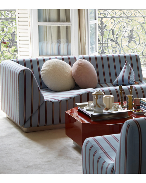 Module d'angle rayé bleu et bordeaux tissu coton socle acier Module d'angle rayé bleu et bordeaux tissu coton socle acier