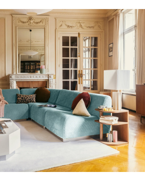 Module d'angle bleu clair velours côtelé socle bois Module d'angle bleu clair velours côtelé socle bois
