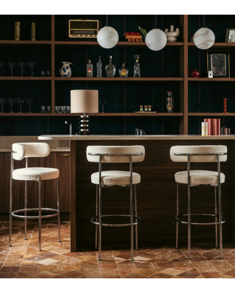 Cream white bar stool in boucle wool and chrome metal - 65cm Cream white bar stool in boucle wool and chrome metal - 65cm
