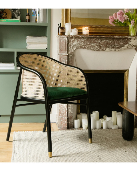 Cane armchair, fir green velvet and beech with black finish