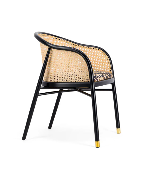 Fauteuil cannage, léopard coton jacquard et hêtre finition noire