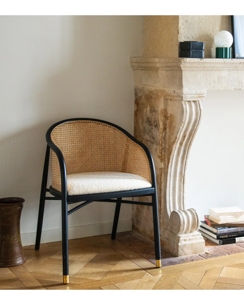 Fauteuil cannage, blanc crème laine bouclette et hêtre finition noire