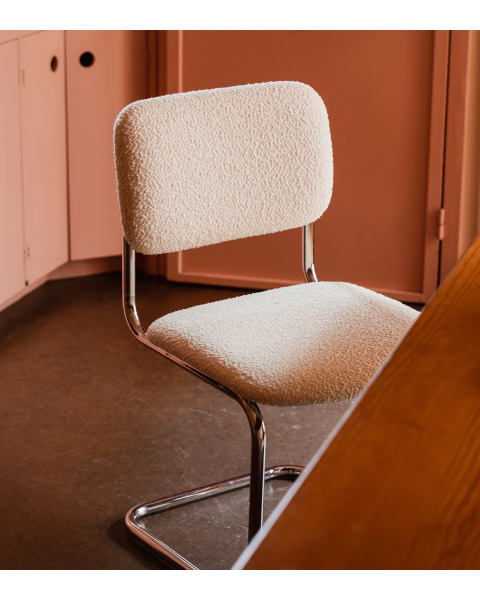 Cream white boucle chair in wool and steel