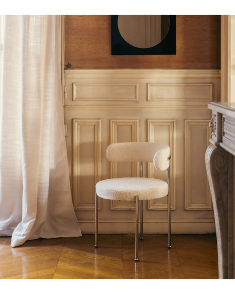 Cream white boucle chair in wool and chrome metal Cream white boucle chair in wool and chrome metal