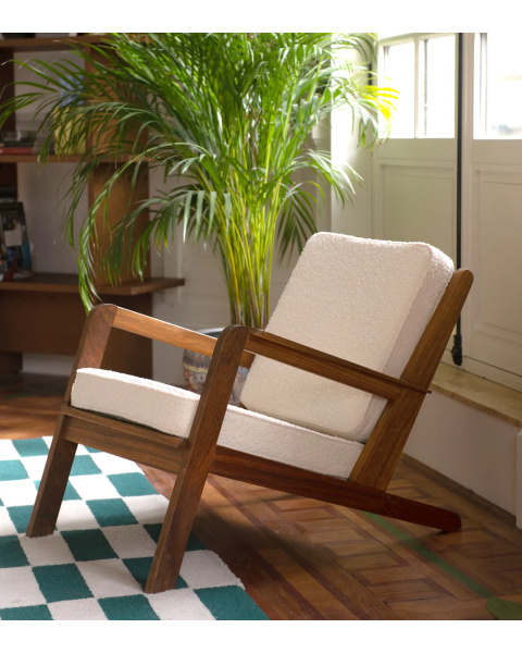 Cream white armchair in boucle wool and brown wood Cream white armchair in boucle wool and brown wood