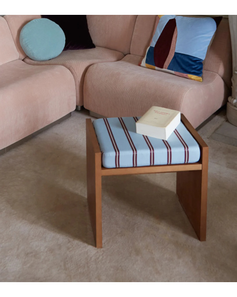 Striped blue and burgundy stool in cotton fabric and ash with iroko finish Striped blue and burgundy stool in cotton fabric and ash with iroko finish