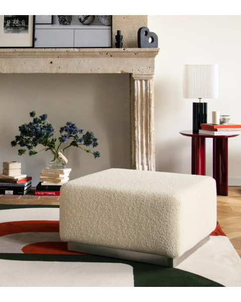 Pouf blanc crème laine bouclette socle bois Pouf blanc crème laine bouclette socle bois