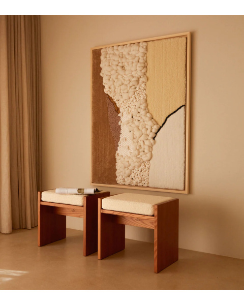 Boucle wool stool in cream white and ash with iroko finish Boucle wool stool in cream white and ash with iroko finish