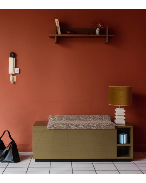 Olive green lacquered storage bench with tweed effect fabric Olive green lacquered storage bench with tweed effect fabric