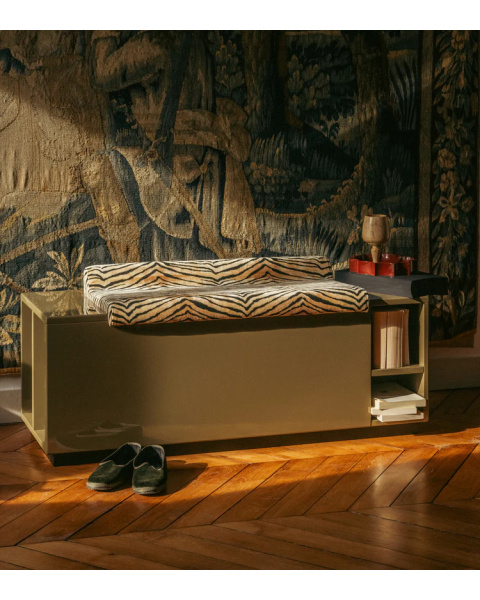 Banc coffre Cameleon kaki velours tigre Banc coffre Cameleon kaki velours tigre