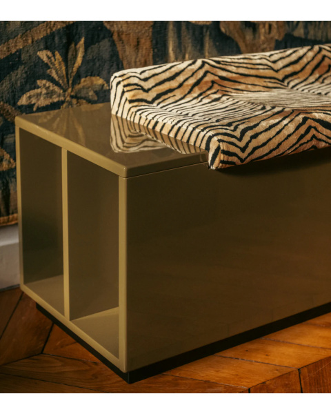 Banc coffre Cameleon kaki velours tigre Banc coffre Cameleon kaki velours tigre