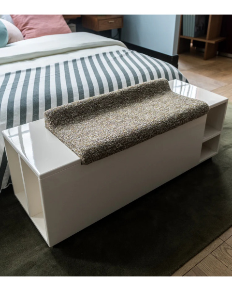 White cream lacquered storage bench with tweed effect fabric White cream lacquered storage bench with tweed effect fabric