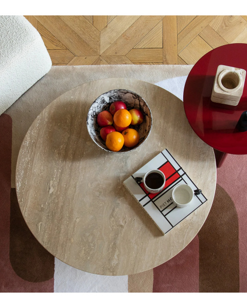 Table basse ronde travertin et pieds finition iroko Table basse ronde travertin et pieds finition iroko