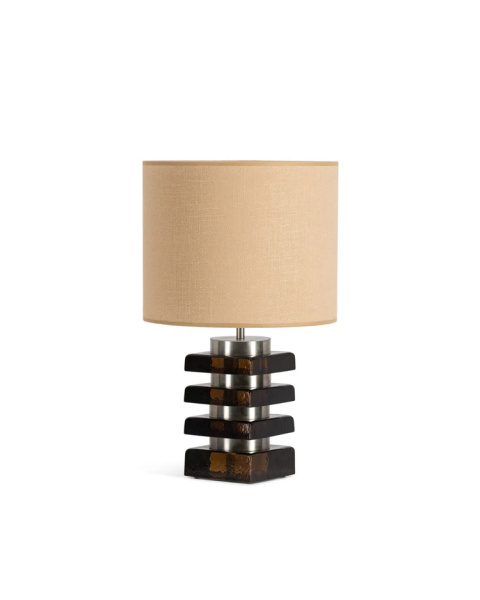 Amber glass and textured brown fabric table lamp