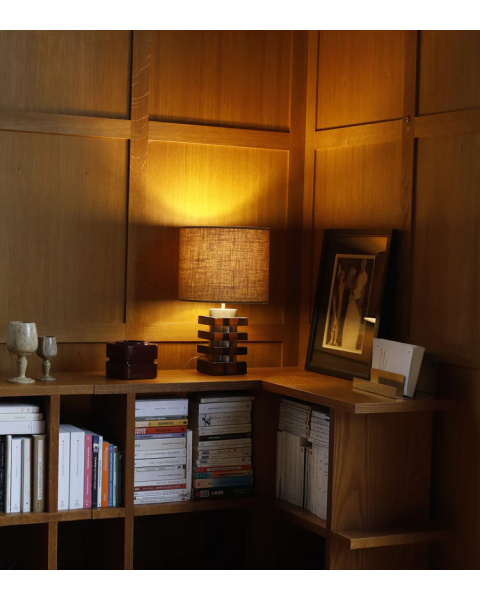 Amber glass and textured brown fabric table lamp