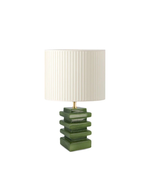 Green ceramic table lamp with cream pleated cotton shade