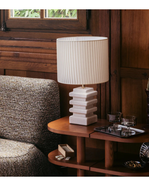 White ceramic and cream pleated cotton table lamp