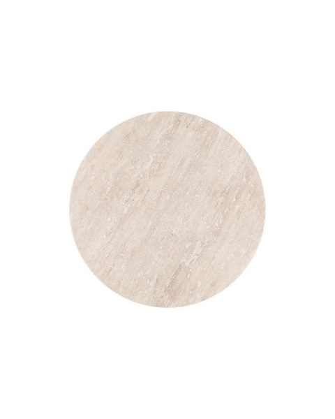Round travertine coffee table with black legs