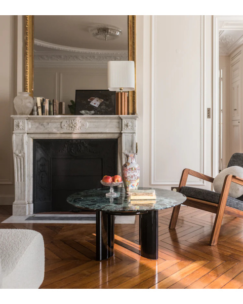Table basse ronde marbre vert et pieds noirs