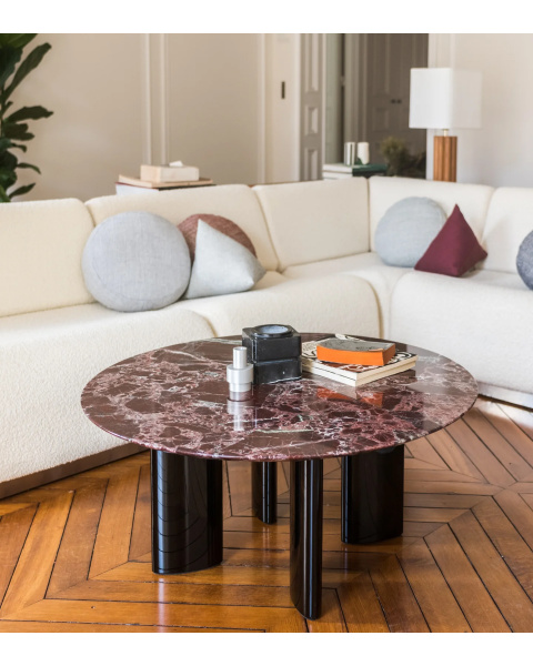 Table basse ronde marbre rouge et pieds noirs