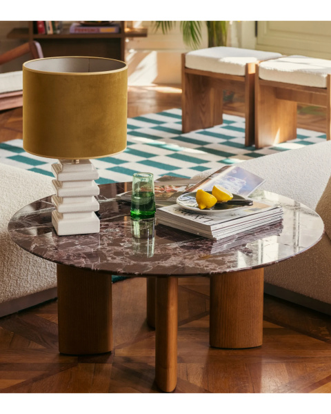 Table basse ronde marbre rouge et pieds finition iroko