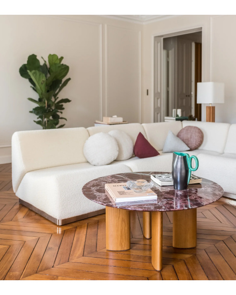 Table basse ronde marbre rouge et pieds finition iroko