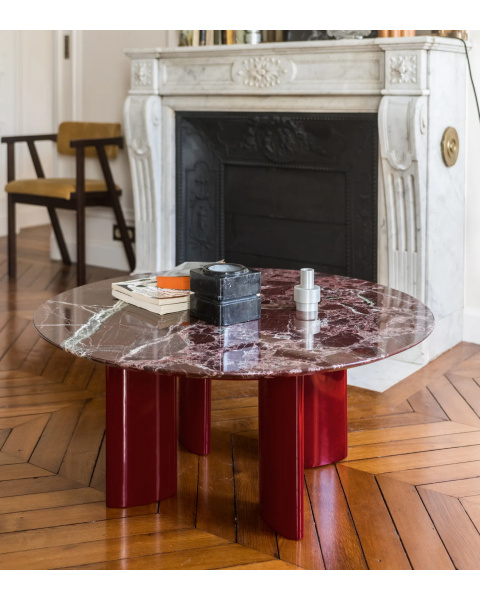 Table basse ronde marbre rouge et pieds bordeaux