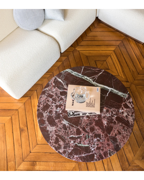 Table basse ronde marbre rouge et pieds blanc crème