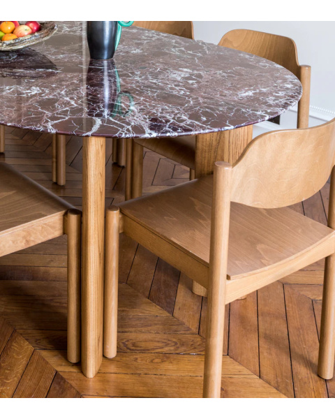 Table de salle à manger marbre rouge et pieds finition iroko 8 places