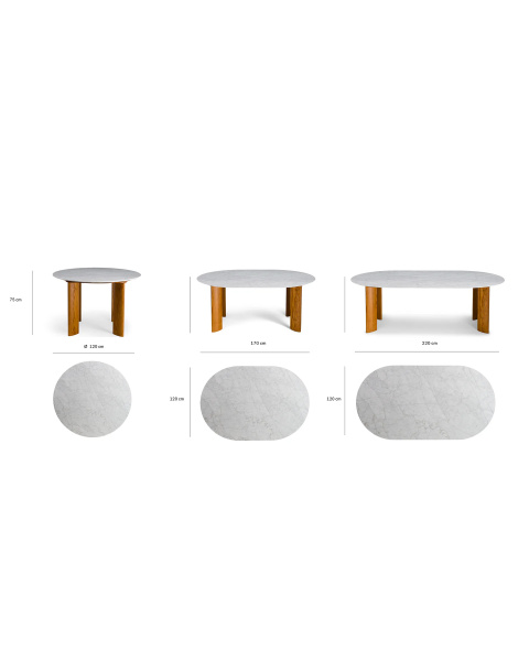 White marble dining table with iroko finish legs for 8 people