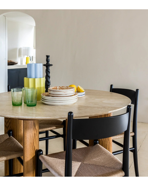 Dining table in travertine with iroko finish legs for 4 people