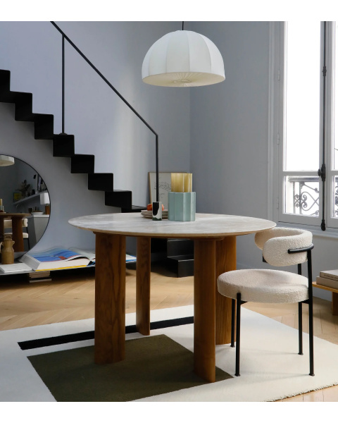 Dining table in travertine with iroko finish legs for 4 people