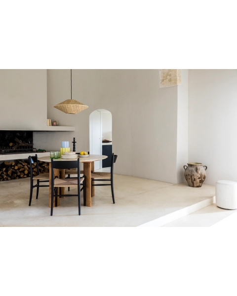 Dining table in travertine with iroko finish legs for 4 people