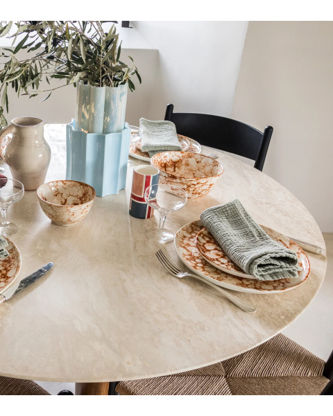 Dining table in travertine with iroko finish legs for 4 people