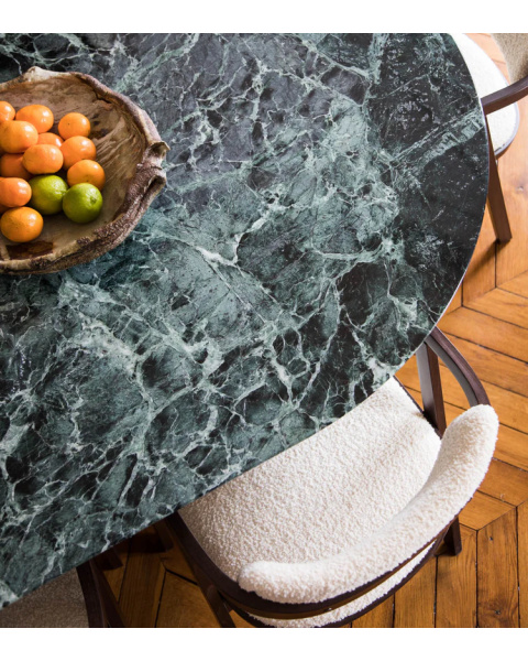Green marble dining table with iroko finish legs for 4 people