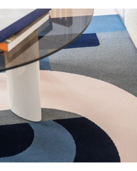 Tapis bleu et beige laine rond